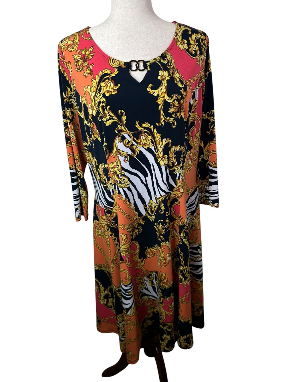 Susan Graver L Baroque Zebra Scarf Print Midi Dress 3/4 Sleeve Stretch Size L